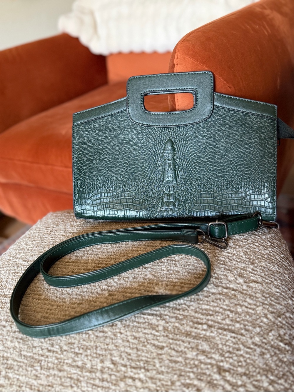 Structured Dark Green Faux Croc Top-Handle Bag with Detachable Strap